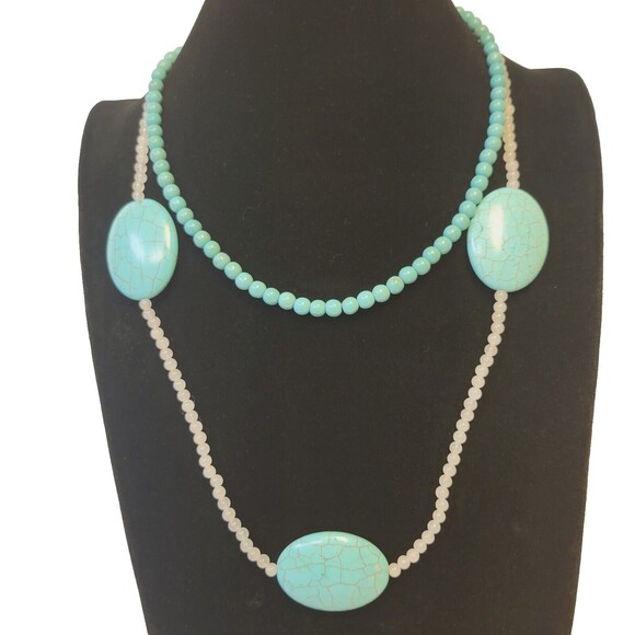 Handmade Turquoise And White Jade Beaded Two Strings Women Necklace - Picture 1 of 5